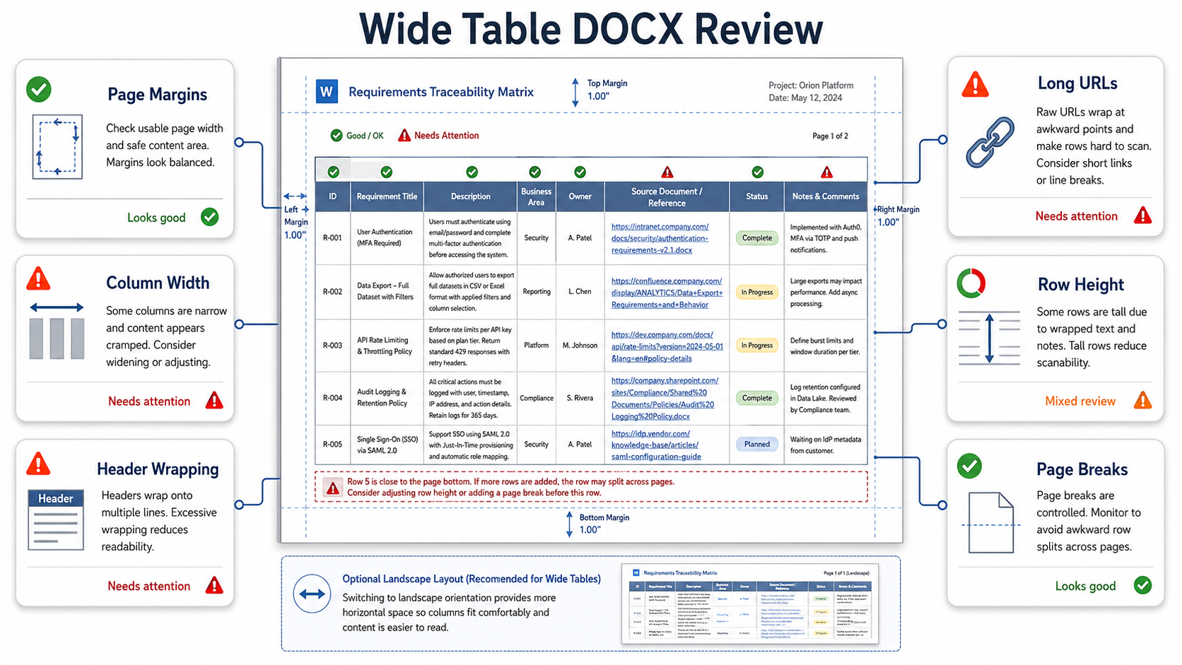 Checklist for reviewing wide tables in a Word document